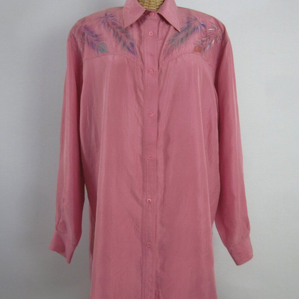 Vtg Wanted Women M Mauve Pink Painted Metallic LS Silk Western Cowboy Shirt - Picture 12 of 14